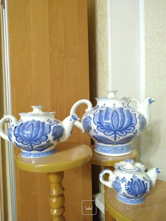 Набор чайников клеймо СКК заварник роспись в стиле гжель, фото №10