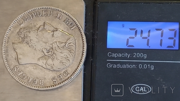 5 франков, Бельгия, 1867 год, король Леопольд II, серебро 0.900, 24.73 грамма, фото №7