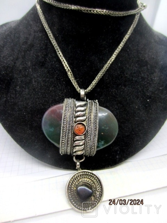 Vintage pendant with a chain green agate silver plated handmade, photo number 3