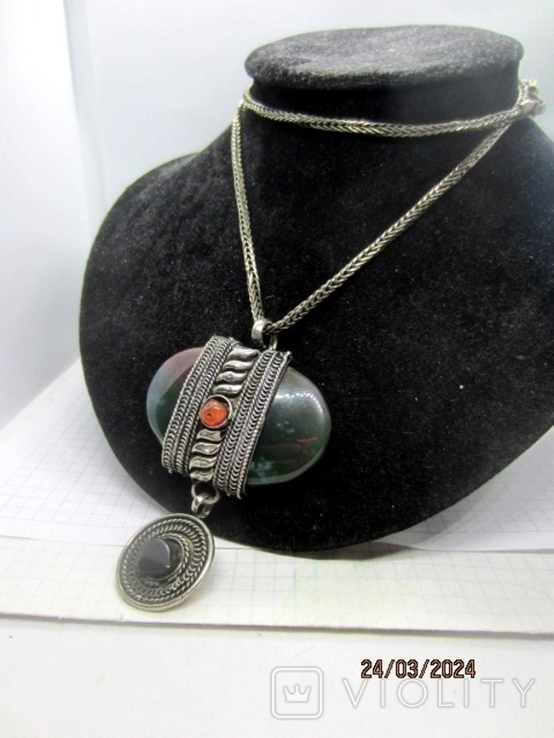 Vintage pendant with a chain green agate silver plated handmade, photo number 2