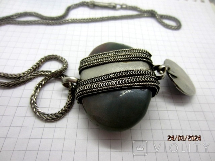 Vintage pendant with a chain green agate silver plated handmade, photo number 7