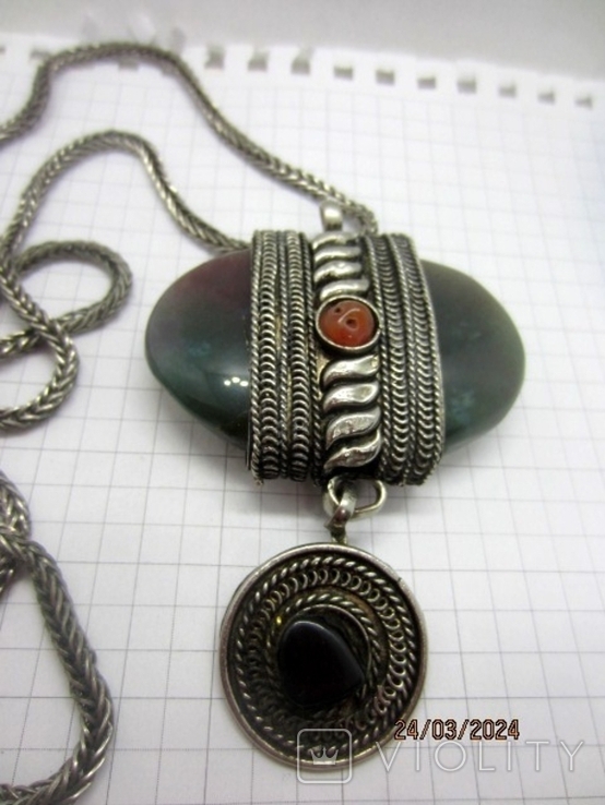 Vintage pendant with a chain green agate silver plated handmade, photo number 9