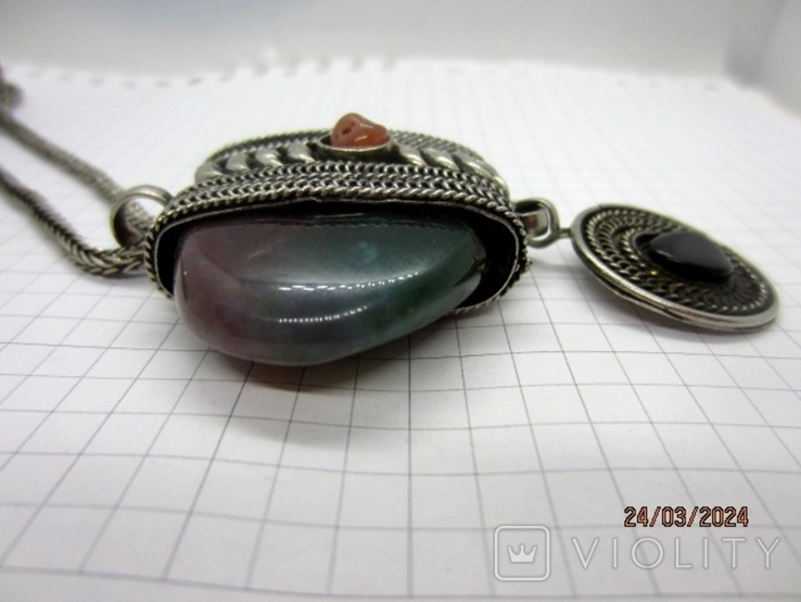 Vintage pendant with a chain green agate silver plated handmade, photo number 12