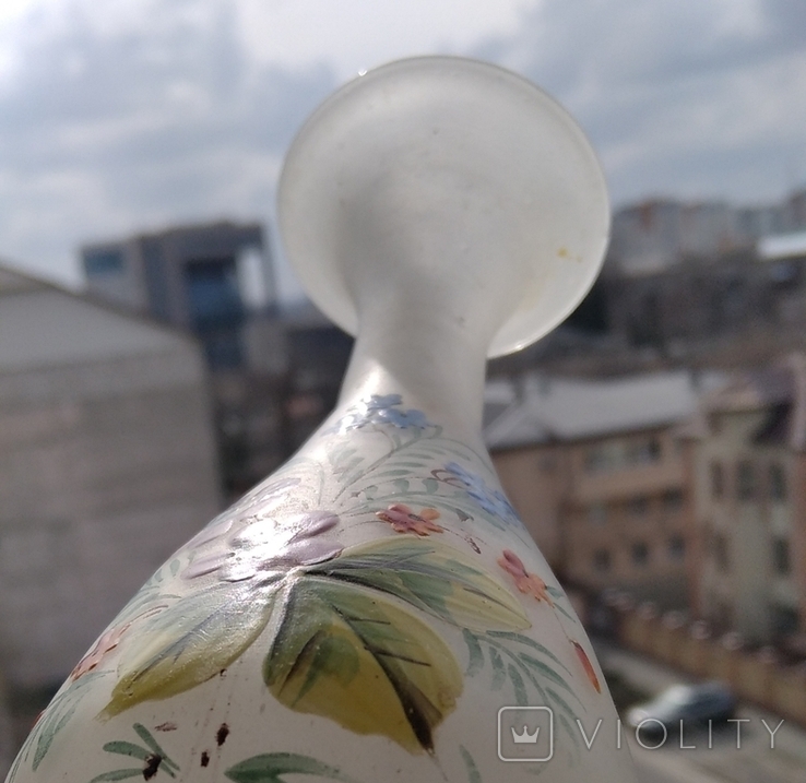 Старовинна номерна вазочка молочне скло ручний розпис понтiль бульбашки, фото №8