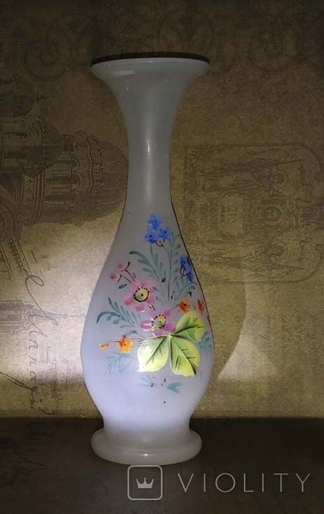 Старовинна номерна вазочка молочне скло ручний розпис понтiль бульбашки, фото №12