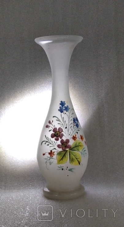 Старовинна номерна вазочка молочне скло ручний розпис понтiль бульбашки, фото №2