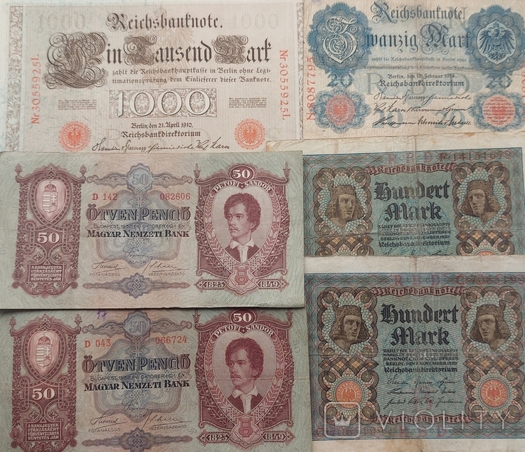 Набір банкнот старої Європи 1910 - 1932 років 6 банкнот, фото №2
