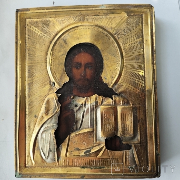 Икона Иисуса Христа в ярком позолоченном окладе. Старинная., фото №4