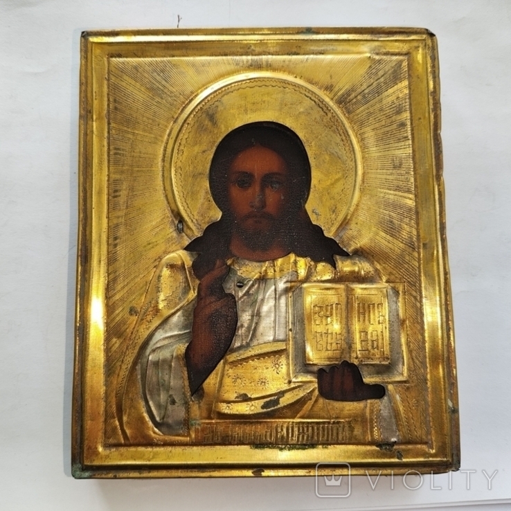 Икона Иисуса Христа в ярком позолоченном окладе. Старинная., фото №2
