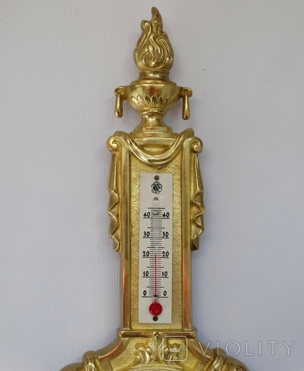 Антикварний бронзовий в позолоті барометр із термометром, фото №3