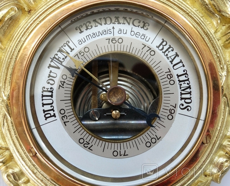 Антикварний бронзовий в позолоті барометр із термометром, фото №7