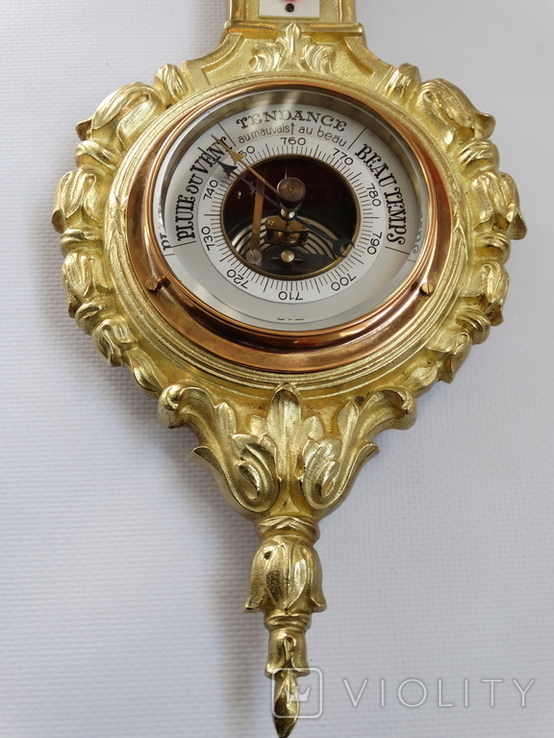 Антикварний бронзовий в позолоті барометр із термометром, фото №8