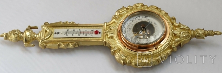 Антикварний бронзовий в позолоті барометр із термометром, фото №10