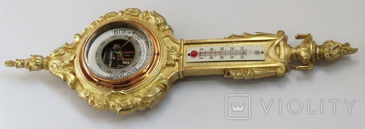 Антикварний бронзовий в позолоті барометр із термометром, фото №11