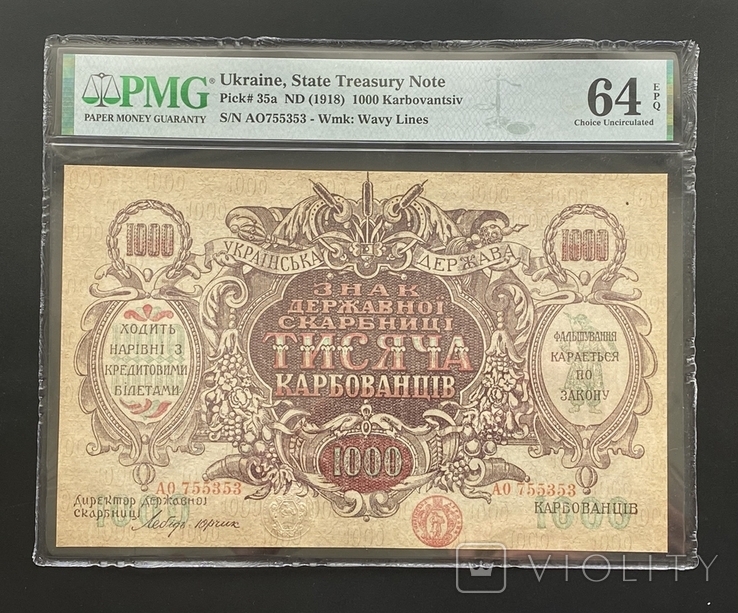 1000 карбованців Україна УНР 1918 PMG 64 EPQ UNC, фото №2