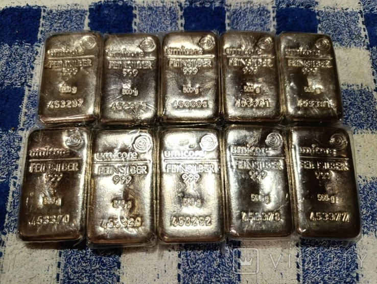 10 Слитков серебра по 500 грамм-5 кг Umicore, фото №2