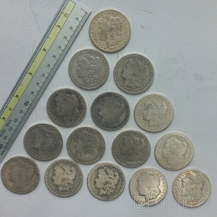 Пятнадцать монет "1 доллар" Morgan Dollar, США, 1880-1900-е серебро 0.900 384 грамма, фото №3