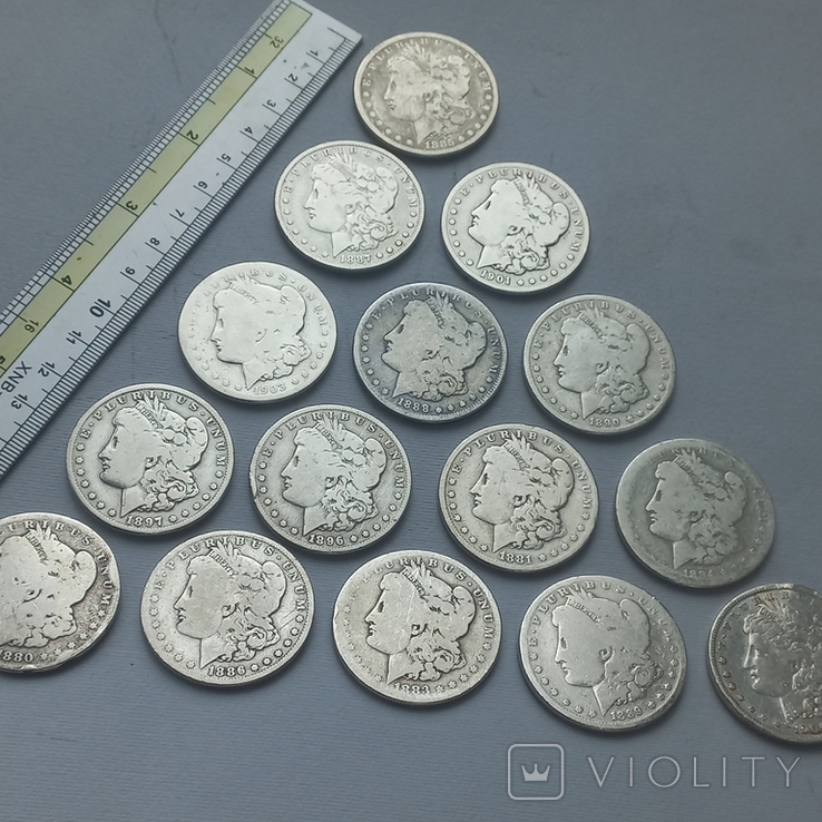 Пятнадцать монет "1 доллар" Morgan Dollar, США, 1880-1900-е серебро 0.900 384 грамма, фото №2