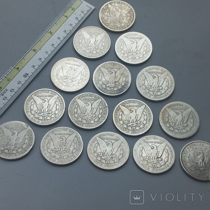 Пятнадцать монет "1 доллар" Morgan Dollar, США, 1880-1900-е серебро 0.900 384 грамма, фото №7