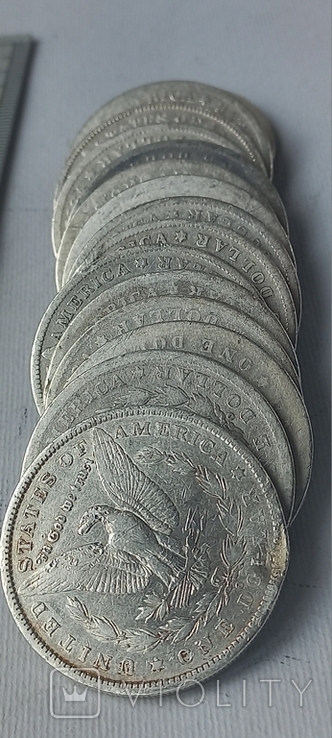 Пятнадцать монет "1 доллар" Morgan Dollar, США, 1880-1900-е серебро 0.900 384 грамма, фото №11