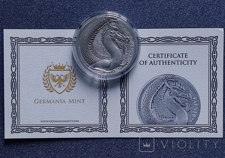 2020 Фафнір 5 марок Germania mint срібло 1 унція сертифікат, фото №5