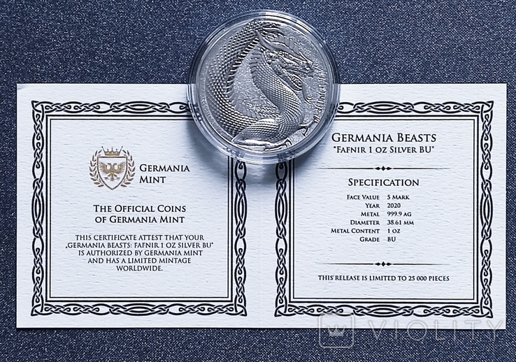 2020 Фафнір 5 марок Germania mint срібло 1 унція сертифікат, фото №6