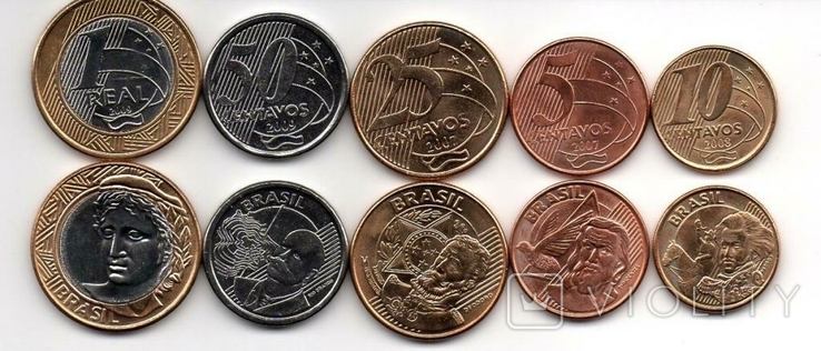 Brazil Бразилия - набор 5 монет 5 10 25 50 Centavos 1 Real 2007 - 2009
