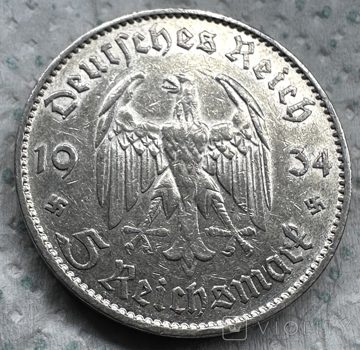 5 марок 1934 Кирха F, фото №2