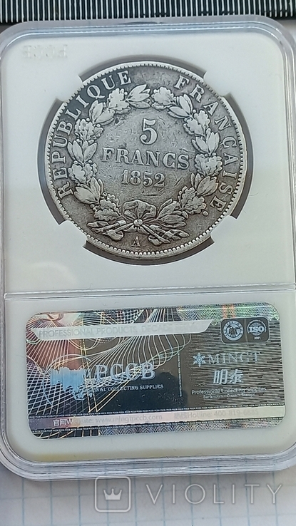 5 франков, Франция, 1852 г., А, Наполеон III, серебро 0.900 24.51 гр., сертификат подлин., фото №7