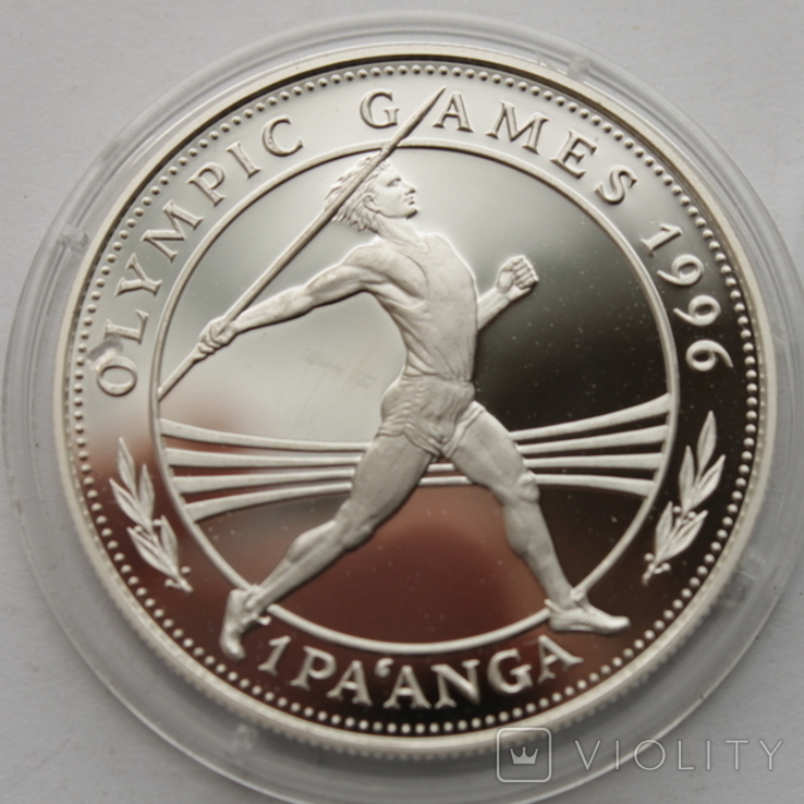 Серебряная монета 1oz XXVI летние Олимпийские Игры Атланта 1996 "Метание Копья" 1 паанга, фото №8
