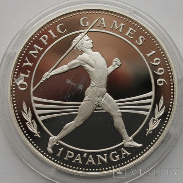 Серебряная монета 1oz XXVI летние Олимпийские Игры Атланта 1996 "Метание Копья" 1 паанга, фото №9