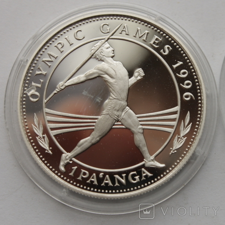 Серебряная монета 1oz XXVI летние Олимпийские Игры Атланта 1996 "Метание Копья" 1 паанга, фото №12