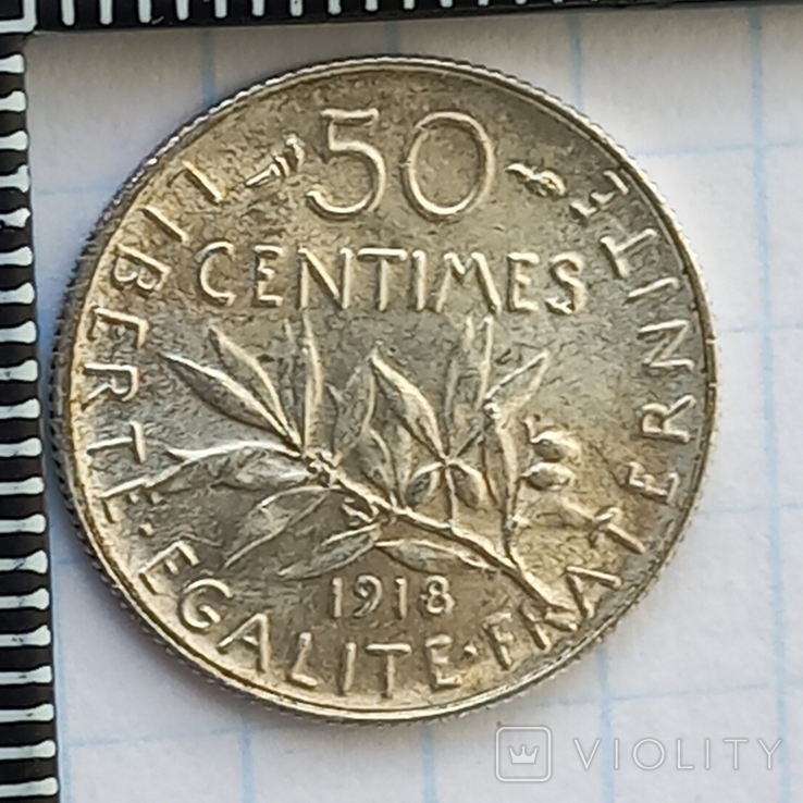 50 сантимов, Франция, 1918 год, "сеятельница", серебро 0.835 2.50 грамма, фото №3