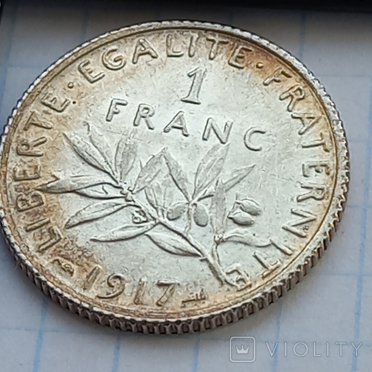 1 франк, Франция, 1917 год, "сеятельница", серебро, 835-я проба, 5.01 грамм, фото №2