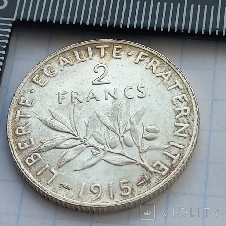 2 франка, Франция, 1915 год, "сеятельница", серебро, 835-я проба, 10.03 грамма, фото №2