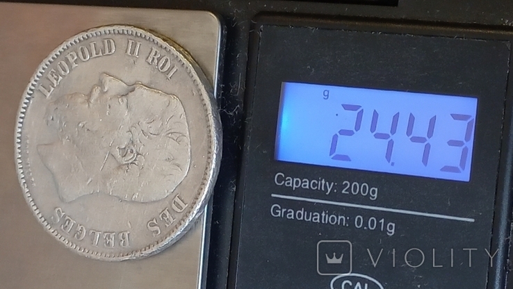 5 франков, Бельгия, 1869 год, король Леопольд II, серебро 0.900, 24.43 грамма, фото №7