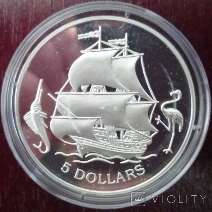 5 долларов, 1993 год. Багамские острова, серебро, фото №2