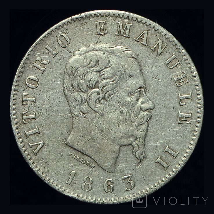 Италия 1 лира 1863 Т серебро Турин, фото №3