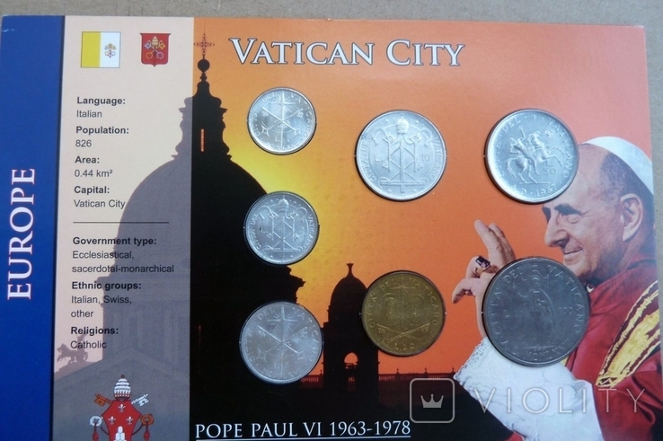 Ватикан 100 лир 1967г.из набора,Папа Павел VI, фото №3