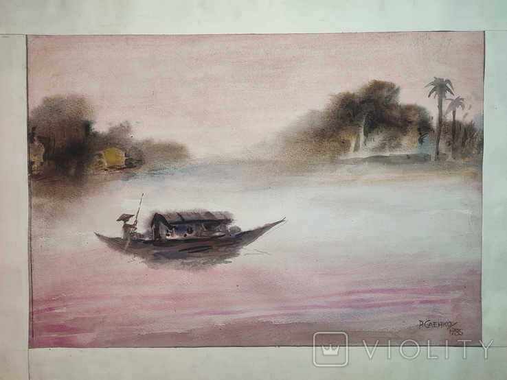 "Вьетнамский пейзаж" на реке Меконг.Р.Саенко.1985г.37-51, фото №7