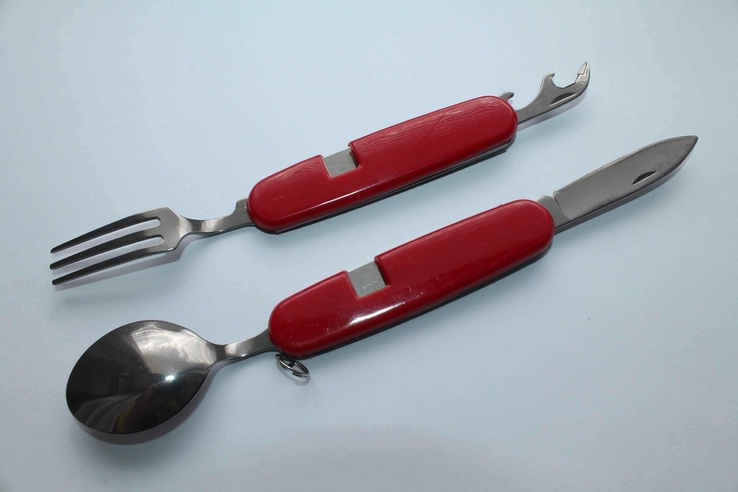Туристичний набір столових приладів вилка, ложка, ніж, відкривачка (колір червоний) (1386), фото №6