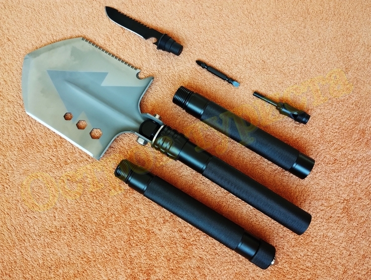 Саперная лопатка, тактическая складная лопата с ножом огнивом стеклобоем стропорезом 77 см, фото №2