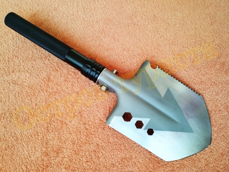Саперная лопатка, тактическая складная лопата с ножом огнивом стеклобоем стропорезом 77 см, фото №6