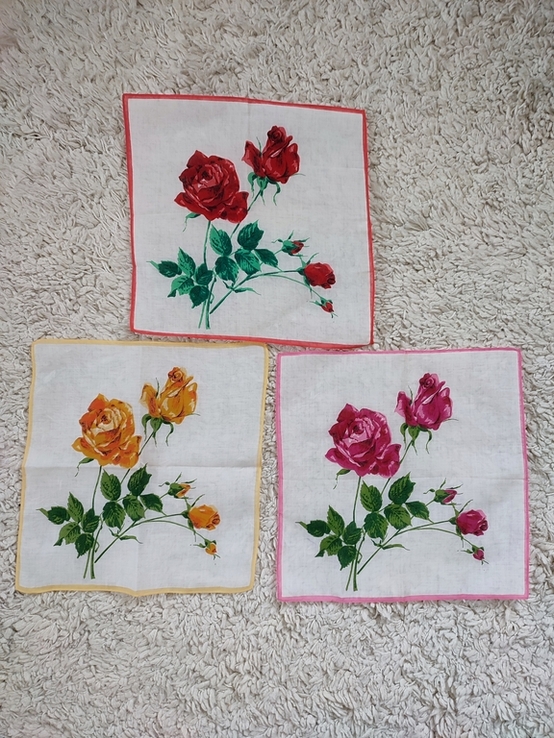 Винтажный батистовый носовой платок с розой, набор 3шт., photo number 7