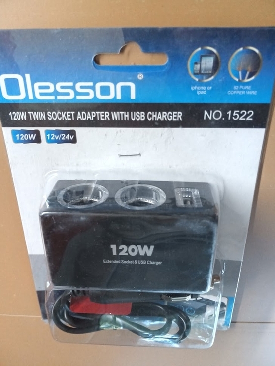 Розгалужувач прикурювача для авто на 2 гнізда Olesson 1522 з підсвіткою + USB 12V-24V, photo number 2