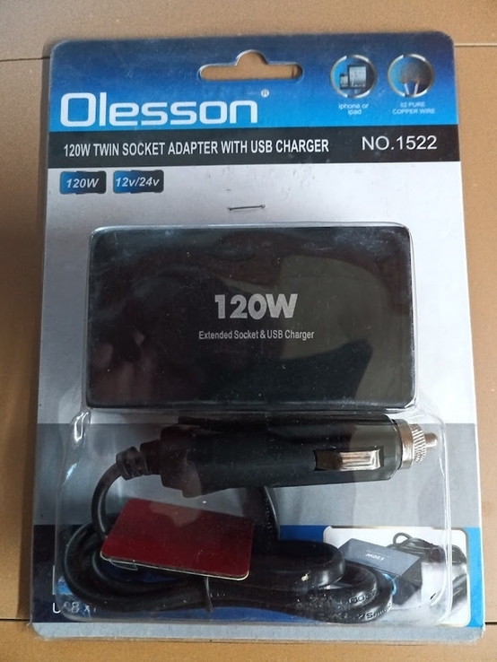 Розгалужувач прикурювача для авто на 2 гнізда Olesson 1522 з підсвіткою + USB 12V-24V, photo number 3