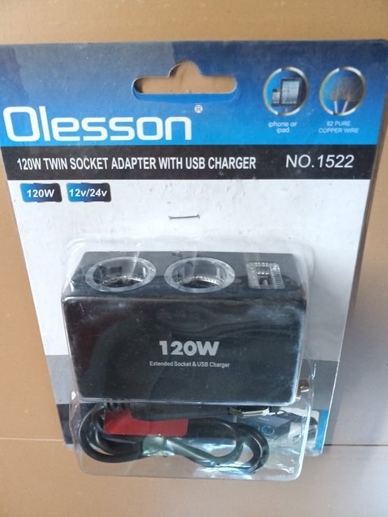 Розгалужувач прикурювача для авто на 2 гнізда Olesson 1522 з підсвіткою + USB 12V-24V, фото №4