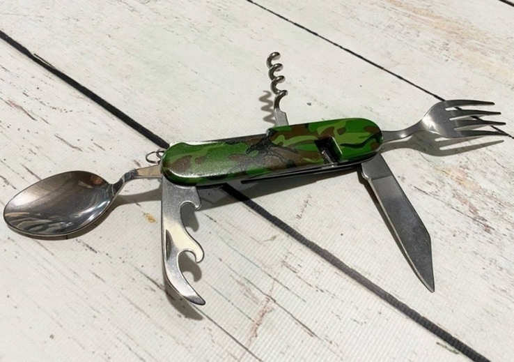 Багатофункціональний похідний Мультитул Military 6в1 ніж,ложка,вилка,2 відкривалки,штопор, фото №2