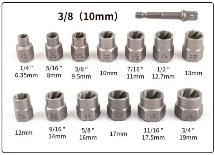 Набір інструментів для видалення пошкоджених ("облизаних") болтів і гайок 14 шт., фото №4