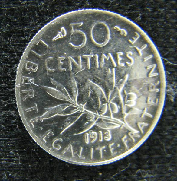 50 сентимес Франция 1913г. серебро
